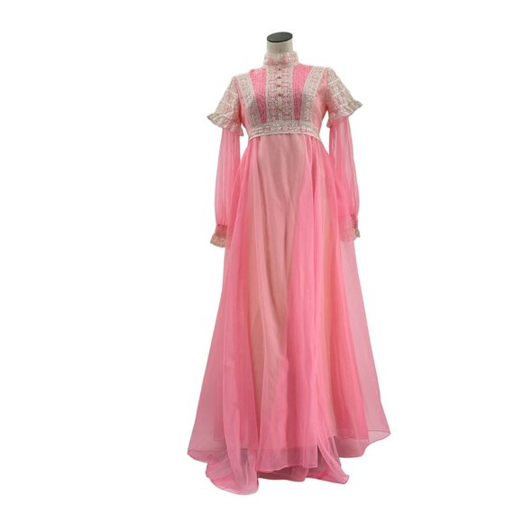 Vintage Dresses & Skirts - 60s 70s Pink and Cream Lace Vintage Maxi-Gown Renaissance Cottagecore